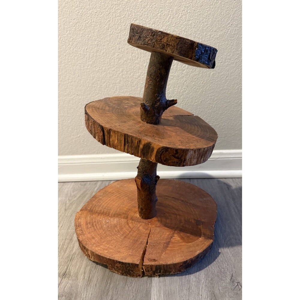 3 tiered Handcrafted Natural Tree Log Slices serving Stand Decorative Style